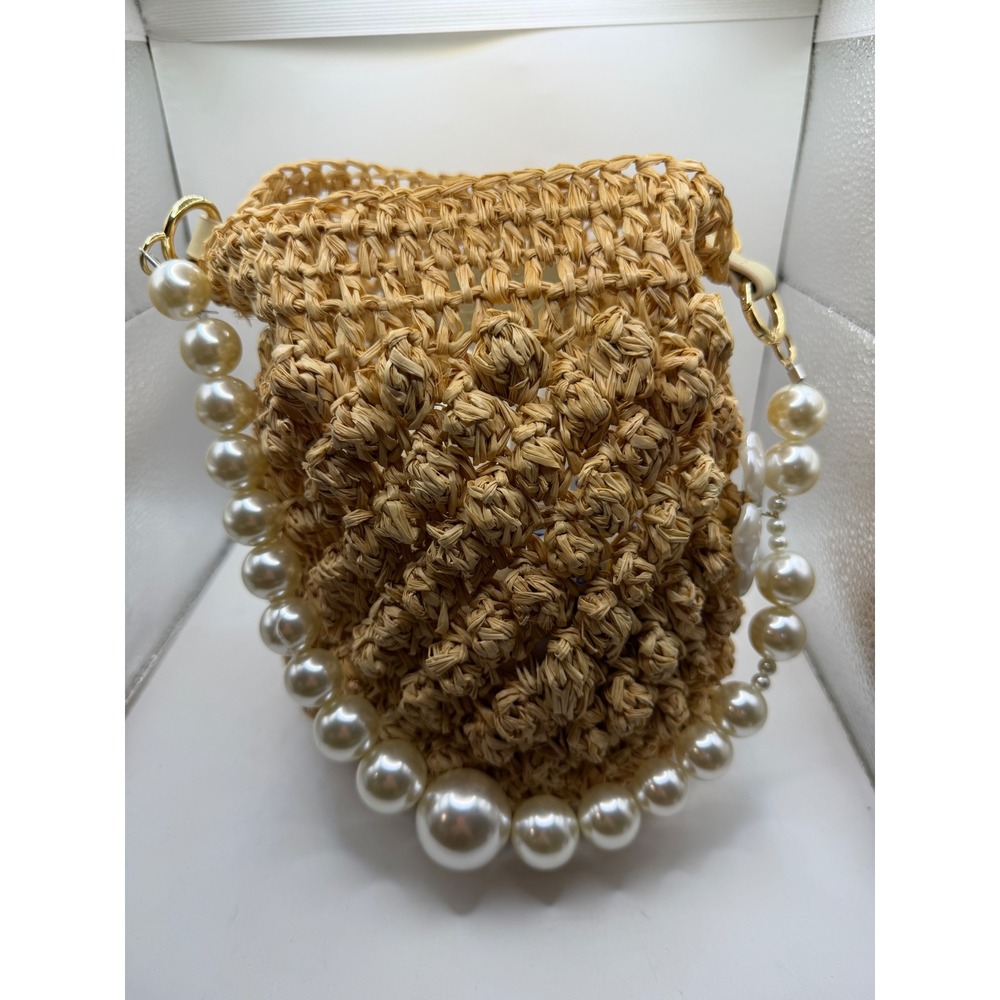 BTB Los Angeles Raffia Pearl Flower Handle Bucket Bag Natural Straw Popcorn Knit